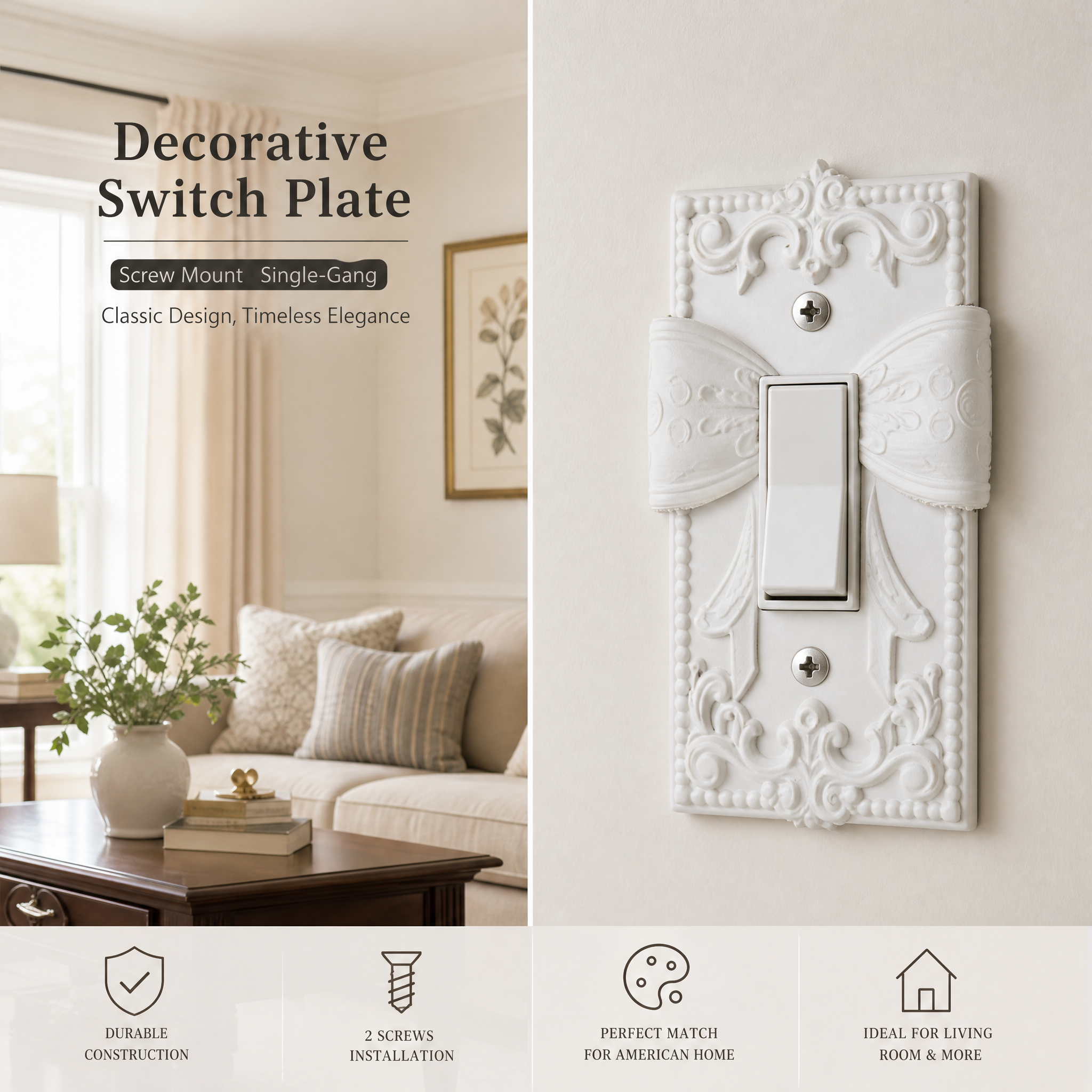 Ornate Bow Embossed Decorative Switch Plate | Vintage Aesthetic Light Switch Wall Cover